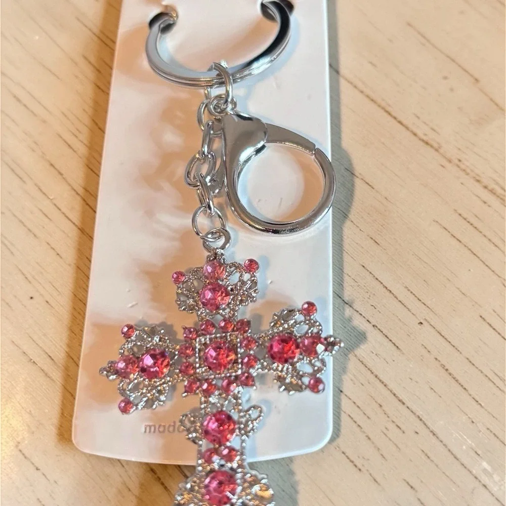 Pink Rhinestone Filigree Cross Keychain Silver Tone Bag Charm